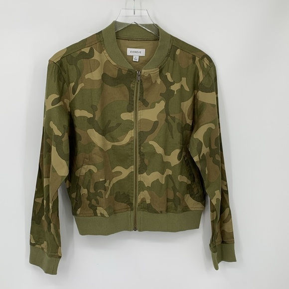 Evereve bomber jacket coat green camo linen blend zipper lightweight new Small - Picture 1 of 4